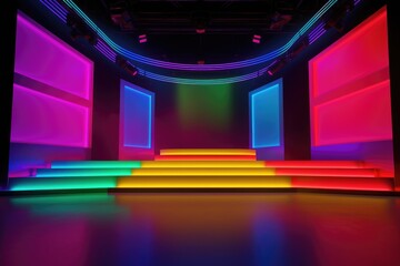 Colourful podium with lighting. Stand wall scene colourful podium background, geometric shape for product display presentation. Minimal scene for mockup products, stage showcase, promotion display.