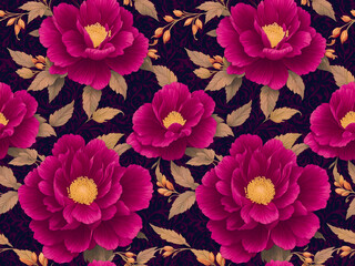 Dark Magenta Peony Flowers on Purple Volet Background, Seamless Pattern. Wallpaper Design for Textiles, Interior, Clothes, Invitations, Postcards, Greetings, Covers. AI Generated