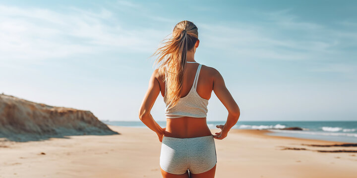 Athletic woman running on the beach. Female runner. Generative AI