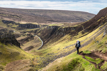 Beautiful panorama view of Quiraing with people, Scotland, Isle of Skye