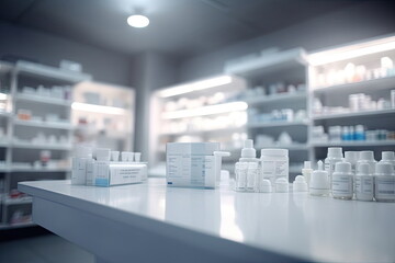 Pharmacy Drugstore blurred background, medical pills and bottles on the table, Health concept