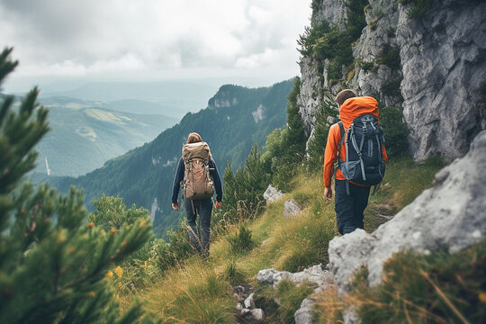 Ai generative. Group of tourists hiking in the mountains.