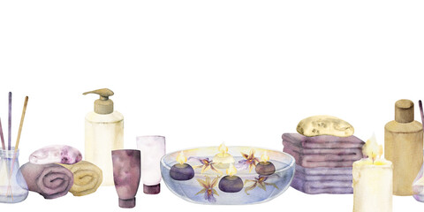 Hand drawn watercolor spa skincare bath beauty products package. Seamless horizontal banner. Isolated on white background. Design for wall art, wellness resort, print, fabric, cover, card, booklet.