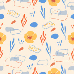 Seamless pattern with flowers and modern minimalist design. Vector for summer background, wallpaper, fabric, backdrop, picture frames, webpage.