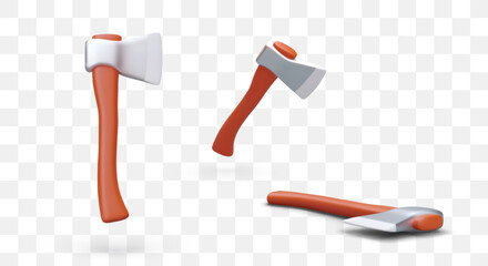 Set of isometric axes in different positions. Sharp metal tool of woodcutter. Manual woodworking equipment. New ax with sharpened blade. Isolated vector image with shadows