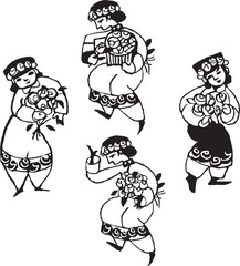 An ethnic girl is dancing at a flower festival. Hand drawn monochrome vector illustration. Can be used as a festival symbol for ethnic culture posters - obrazy, fototapety, plakaty