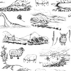 Ink hand drawn graphic vector sketch. Seamless pattern, scottish symbol landscapes and animals. Sheep, hairy coo cow, Loch Ness monster, heather. Design for wallpaper, print, paper, textile, fabric - obrazy, fototapety, plakaty