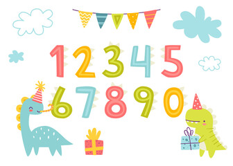 Cute dino set of numbers for birthday party invitation. Numerals collection with naive dinosaurs and decorations.