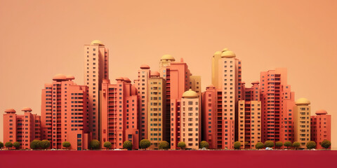 Panoramic cityscape in cyberpunk futuristic style. Towering skyscrapers in neon retrowave colors. Generative AI
