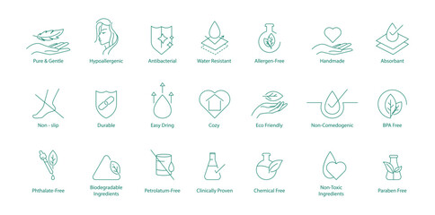Vector Icons Set: Non-Toxic, Hypoallergenic, Antibacterial, Water-Resistant, Allergen-Free