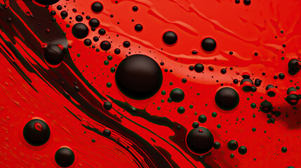 Abstract black paint drops mixed in red oil background. Non-mixing fluids pattern. Generative AI