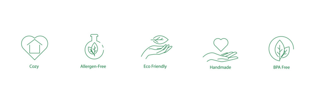 cozy, allergen free, eco friendly, handmade, bpa free icon vector illustration 