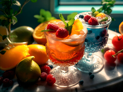 Stunning colorful super ice cold summer cocktails with lots of fresh fruits and beautiful decoration
