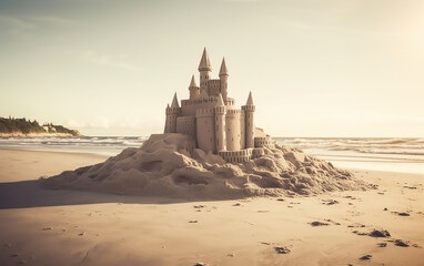 Obraz premium Sand castle on the beach. Generative AI technology.