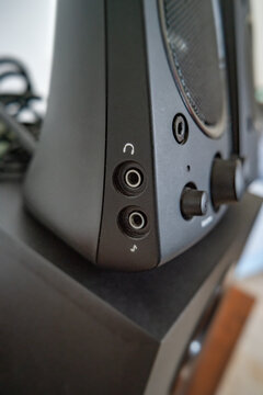 Desktop modern black loudspeakers with sub buffer, details, closeup