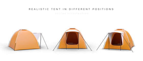 Set of 3D orange camping tents on white background. Folding house for camping. Realistic tourist tent with canopy. Equipment for sleeping outside. Vector image © ArtHub02