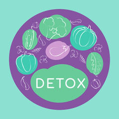 Detox Time round banner with vegetables hand drawn. Vector illustration