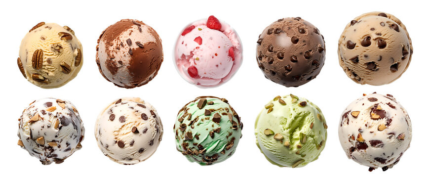 Ice cream scoop ball on transparent background cutout, top view. PNG file. Many assorted different flavour Mockup template for artwork design.