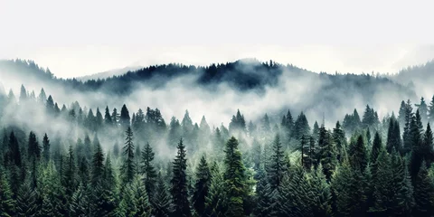 Foto op Canvas Misty landscape with fir forest in vintage retro style. Generative AI © AngrySun
