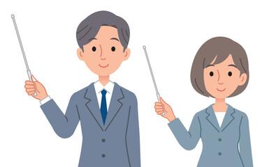 指し棒で説明するビジネスパーソン男女