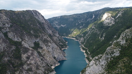 Piva Lake and Canyon, Montenegro. Aerial view.