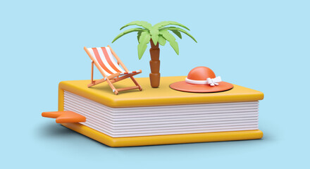Obraz premium Resting with book. Deckchair, palm tree, sun hat on giant tome. Interesting relax stories. Favorite author. Pleasant leisure. 3D illustration on blue background