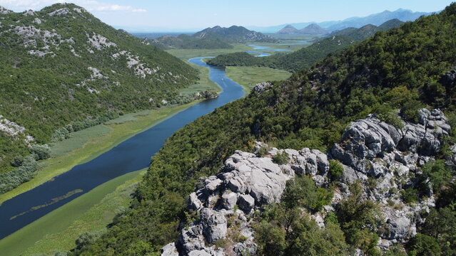 Aerial pictures made with a dji mini 4 pro drone over the river bends of Lake Skadar, Montenegro.