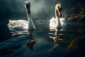 Mute Swans Embracing Romance in Freshwater. Generative AI