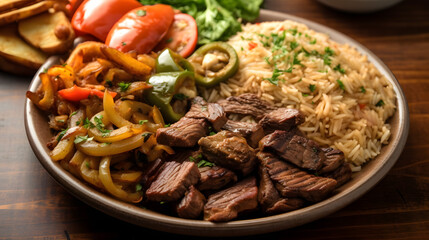 Beef sirloin with rice and vegetables, closeup