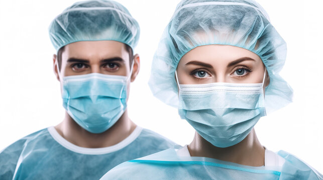 Close Up Of Doctors Man And Woman Wearing Face Masks And Protective Hats On White Background.