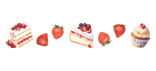 いちごとスイーツの水彩イラストセット　AI生成画像