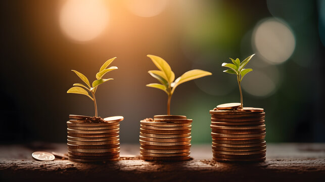 Plant growing on coins with bokeh background, business growth concept