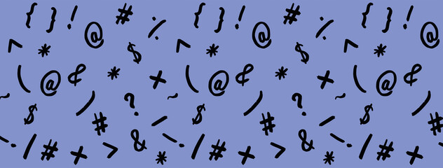pattern with the image of keyboard symbols. Punctuation marks. Template for applying to the surface. pastel blue background. Horizontal image. Banner for insertion into site.