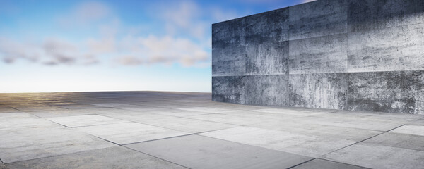 Empty concrete wall for your design. Background for your design. Cement podium for your product design. Concrete pedestal with blue sky and clouds. Bright day. 3D rendering.