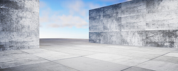 Empty concrete wall for your design. Background for your design. Concrete pedestal with blue sky and clouds. Bright day. 3D rendering.