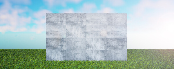 Cement podium for your product design. Empty concrete wall for your design. Background for your design. Concrete pedestal with blue sky and clouds. Bright day. 3D rendering.