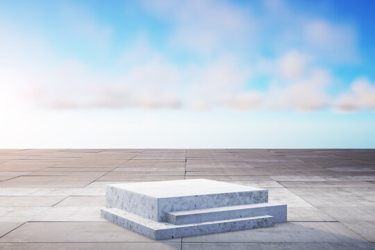 Empty, light template for the back of your design. Background for your design. Cement podium for your product design. Concrete pedestal with blue sky and clouds. Bright day. 3d render.