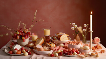 Fototapeta na wymiar food on a table with a candle in the middle and some fruit, bread, eggs, flowers, and candles
