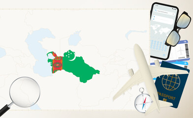 Turkmenistan map and flag, cargo plane on the detailed map of Turkmenistan with flag.