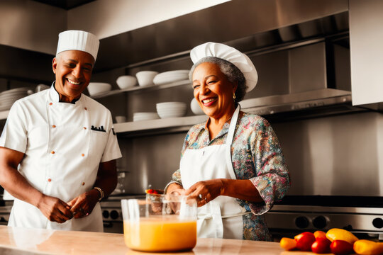 Digital Portrait Of A Laughing Retired African American Couple Cooking In The Modern Kitchen. Concept Of Active Age. Generative AI