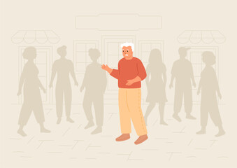 Confused old man standing in city and crowd of people. Dementia concept, memory loss, scared senior male on street looking for help and doesn't know what to do. Vector illustration. Person in stress.