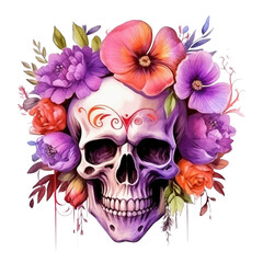 Funny skull with a flower, watercolor illustration. Generative ai