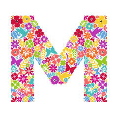 Flower alphabet. Flower symbols forming letter M. Floral ornament in the form of a letter.