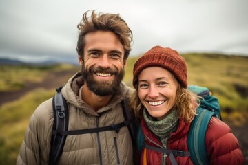 AI generated image of couple selfie in mountains - obrazy, fototapety, plakaty