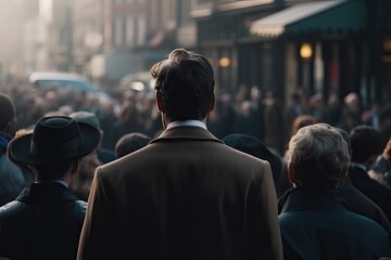 Business in the city. Crowded streets. Businessman in suits walking on background