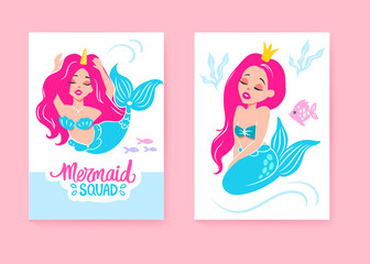 Cute Mermaids with Pink Hair and Blue Tail Vector Cards. Baby Print Illustrations for Nursery, Party Decoration.