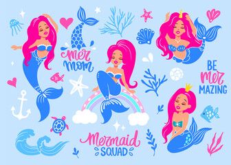 Cute Mermaids Illustrations Vector Collection. Lettering Quotes. Adorable Cartoon Characters. Colorful Kids Clipart - 615742781