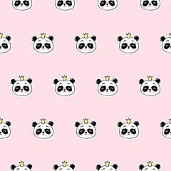 Cute Princess Panda Girl Seamless Pattern. Cute Vector Baby Print on a Pink Background. Ideal for kids fabric, wallpaper, wrapping, textile, bedding