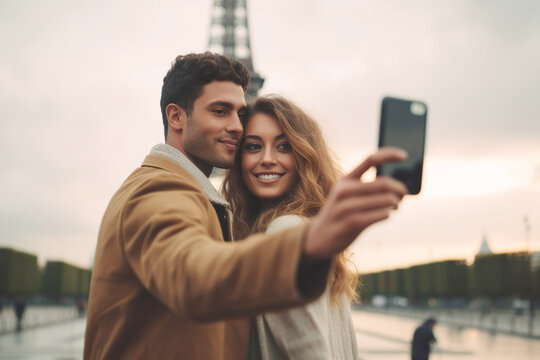 AI generated image of couple selfie in front of Eiffel Tower in Paris