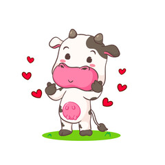 Cute cow pose love hand sign cartoon character. Adorable animal concept design. Isolated white background. Vector illustration